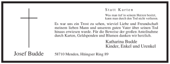 Todesanzeige von Josef Budde von WESTFÄLISCHER ANZEIGER