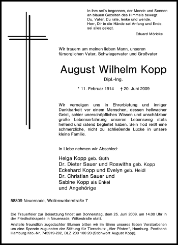 Todesanzeige von August Wilhelm Kopp von WESTFÄLISCHER ANZEIGER