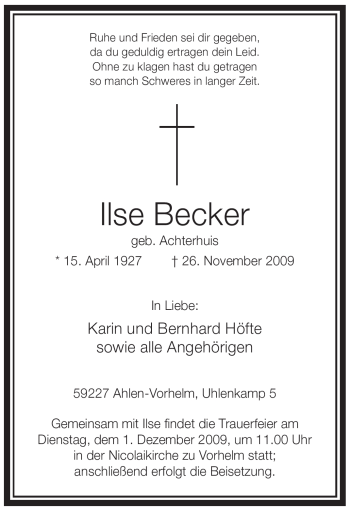 Todesanzeige von Ilse Becker von WESTFÄLISCHER ANZEIGER