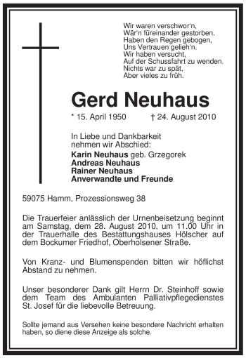 Todesanzeige von Gerd Neuhaus von WESTFÄLISCHER ANZEIGER