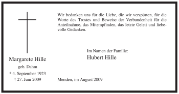 Todesanzeige von Margarete Hille von WESTFÄLISCHER ANZEIGER