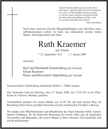 Todesanzeige von Ruth Kraemer von WESTFÄLISCHER ANZEIGER
