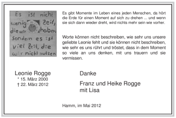 Todesanzeige von Leonie Rogge von WESTFÄLISCHER ANZEIGER
