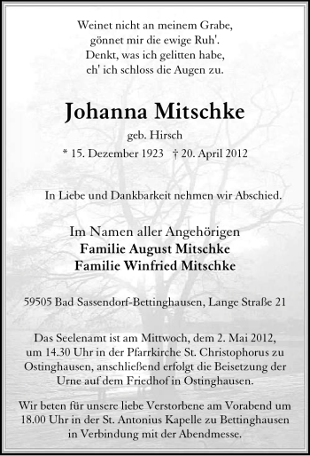 Todesanzeige von Johanna Mitschke von WESTFÄLISCHER ANZEIGER