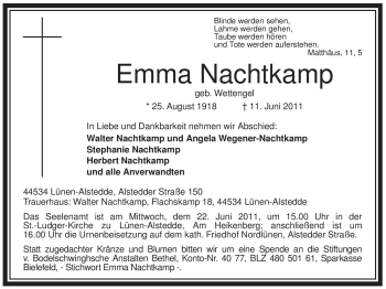 Todesanzeige von Emma Nachtkamp von WESTFÄLISCHER ANZEIGER