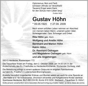Todesanzeige von Gustav Höhn von WESTFÄLISCHER ANZEIGER
