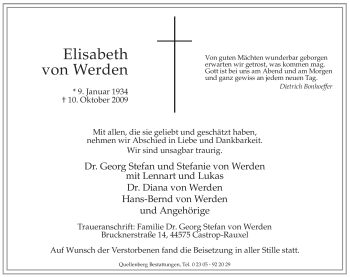 Todesanzeige von Elisabeth Werden von WESTFÄLISCHER ANZEIGER