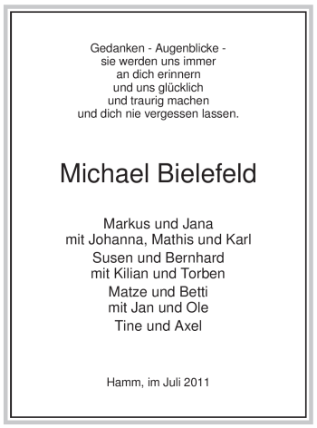 Todesanzeige von Michael Bielefeld von WESTFÄLISCHER ANZEIGER