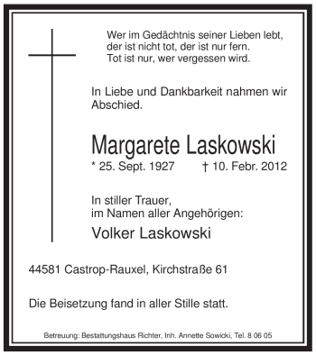 Todesanzeige von Margarete Laskowski von WESTFÄLISCHER ANZEIGER