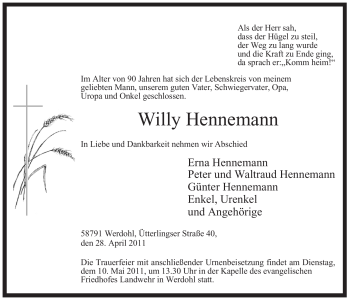 Todesanzeige von Willy Hennemann von WESTFÄLISCHER ANZEIGER