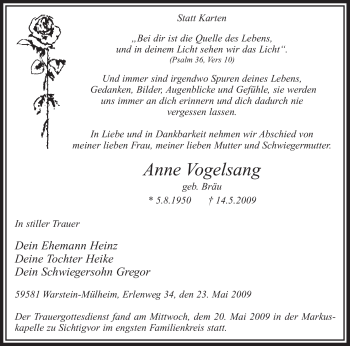 Todesanzeige von Anne Vogelsang von WESTFÄLISCHER ANZEIGER
