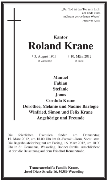 Todesanzeige von Roland Krane von WESTFÄLISCHER ANZEIGER