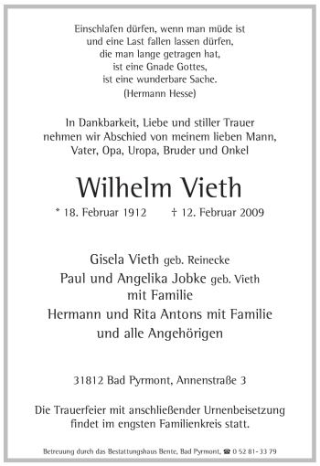 Todesanzeige von Wilhelm Vieth von WESTFÄLISCHER ANZEIGER