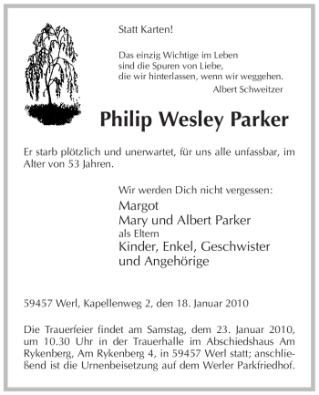 Todesanzeige von Philip Wesley Parker von WESTFÄLISCHER ANZEIGER