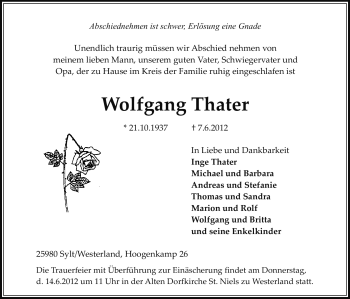 Todesanzeige von Wolfgang Thater von WESTFÄLISCHER ANZEIGER