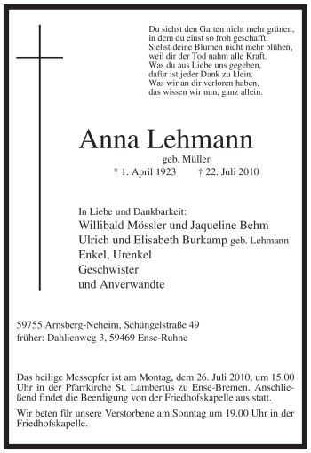 Todesanzeige von Anna Lehmann von WESTFÄLISCHER ANZEIGER