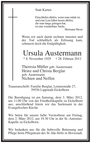 Todesanzeige von Ursula Austermann von WESTFÄLISCHER ANZEIGER