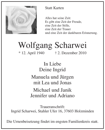 Todesanzeige von Wolfgang Scharwei von WESTFÄLISCHER ANZEIGER