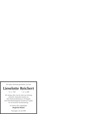Todesanzeige von Lieselotte Reichert von WESTFÄLISCHER ANZEIGER