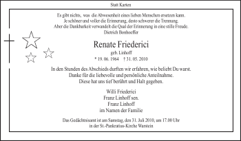 Todesanzeige von Renate Friederici von WESTFÄLISCHER ANZEIGER
