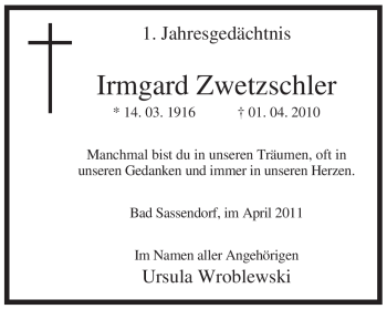 Todesanzeige von Irmgard Zwetzschler von WESTFÄLISCHER ANZEIGER