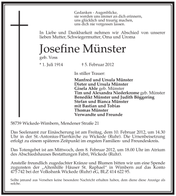 Todesanzeige von Josefine Münster von WESTFÄLISCHER ANZEIGER