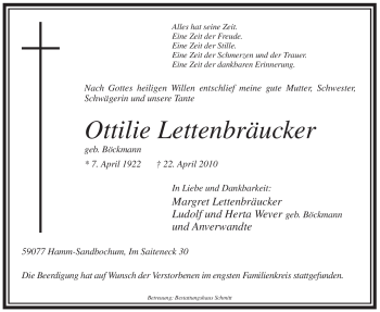 Todesanzeige von Ottilie Lettenbräucker von WESTFÄLISCHER ANZEIGER