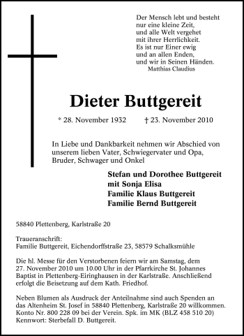 Todesanzeige von Dieter Buttgereit von WESTFÄLISCHER ANZEIGER