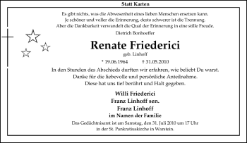 Todesanzeige von Renate Friederici von WESTFÄLISCHER ANZEIGER