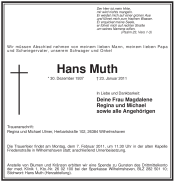 Todesanzeige von Hans Muth von WESTFÄLISCHER ANZEIGER