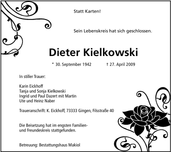 Todesanzeige von Dieter Kielkowski von WESTFÄLISCHER ANZEIGER