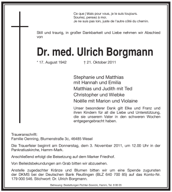 Todesanzeige von Ulrich Borgmann von WESTFÄLISCHER ANZEIGER
