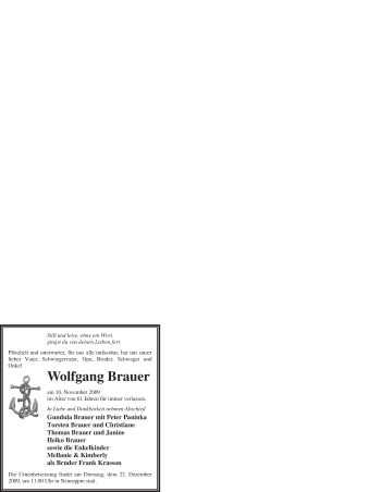 Todesanzeige von Wolfgang Brauer von WESTFÄLISCHER ANZEIGER