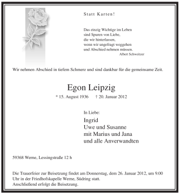 Todesanzeige von Egon Leipzig von WESTFÄLISCHER ANZEIGER
