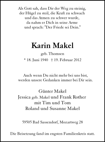 Todesanzeige von Karin Makel von WESTFÄLISCHER ANZEIGER