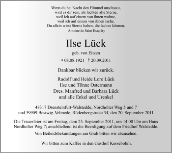 Todesanzeige von Ilse Lück von WESTFÄLISCHER ANZEIGER