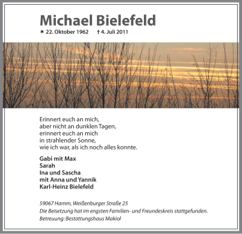 Todesanzeige von Michael Bielefeld von WESTFÄLISCHER ANZEIGER