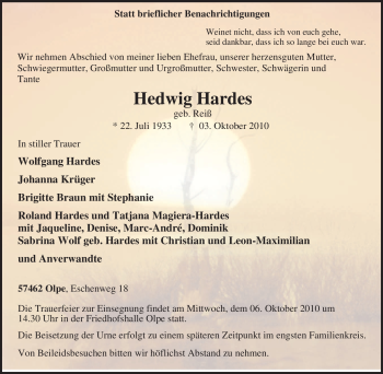 Todesanzeige von Hedwig Hardes von WESTFÄLISCHER ANZEIGER