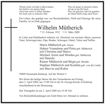 Todesanzeige von Wilhelm Mütherich von WESTFÄLISCHER ANZEIGER