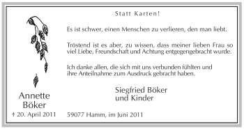 Todesanzeige von Annette Böker von WESTFÄLISCHER ANZEIGER