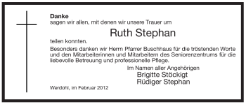 Todesanzeige von Ruth Stephan von WESTFÄLISCHER ANZEIGER