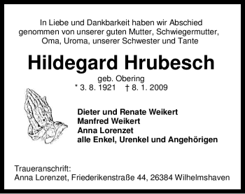 Todesanzeige von Hildegard Hrubesch von WESTFÄLISCHER ANZEIGER