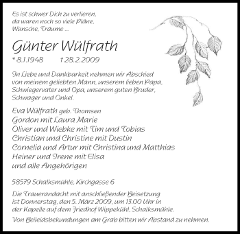 Todesanzeige von Günter Wülfrath von WESTFÄLISCHER ANZEIGER