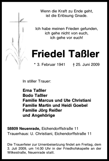 Todesanzeige von Friedel Taßler von WESTFÄLISCHER ANZEIGER