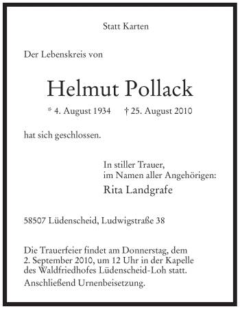 Todesanzeige von Helmut Pollack von WESTFÄLISCHER ANZEIGER