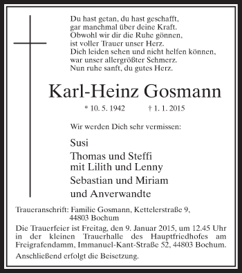 Todesanzeige von Karl-Heinz Gosmann von MZV