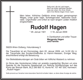 Todesanzeige von Rudolf Hagen von WESTFÄLISCHER ANZEIGER