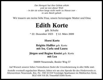 Todesanzeige von Edith Korte von WESTFÄLISCHER ANZEIGER