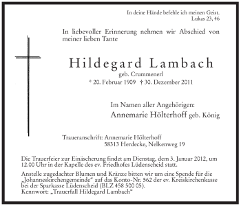 Todesanzeige von Hildegard Lambach von WESTFÄLISCHER ANZEIGER