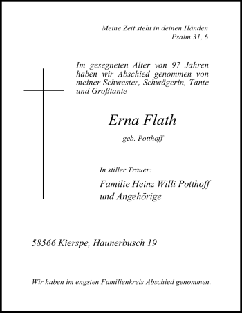 Todesanzeige von Erna Flath von WESTFÄLISCHER ANZEIGER